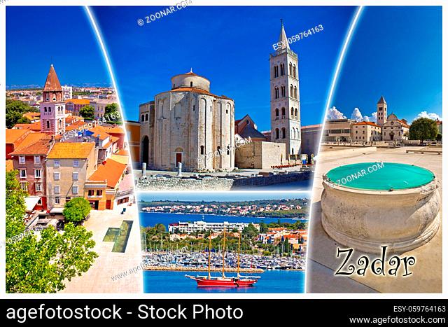 Town of Zadar tourist postcard with label, famous landmarks and beautiful nature of Dalmatia, Croatia