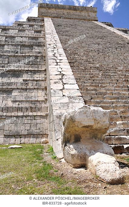 Carved stone, snake head at the foot of the stairs leading up the Temple of Kukulkan Pyramide, Zona Nord, Chichen-itza, new wonder of the world