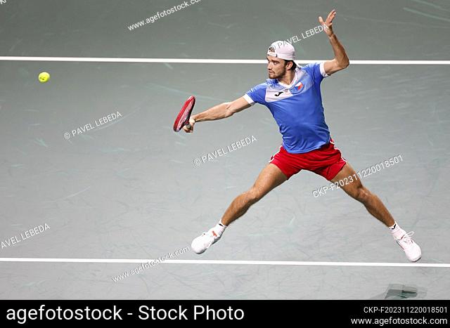 Czech tennis player Tomas Machac in action in the final group match of the men's Davis Cup 2023 World Tennis Championship against Australia, in Malaga, Spain