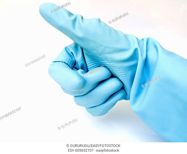 light blue rubber glove hand making thumbs-up gesture