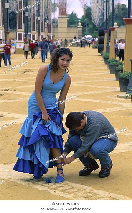 Woman Dressed in Andalusian Costume, Jerez Horse Fair, Jerez de la Frontera, Andalusia, Spain