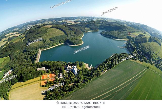 Aerial view, fisheye shot, Hennetalsperre reservoir lake, Naturpark Homert nature park near Meschede, Hochsauerlandkreis area, Sauerland region