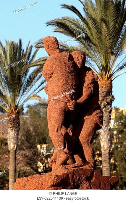Lucha Canaria (Canarian wrestling) monument on Canary Island Fuerteventura, Spai