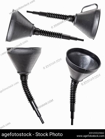set from wide black plastic funnels with flexible spout isolated on white background