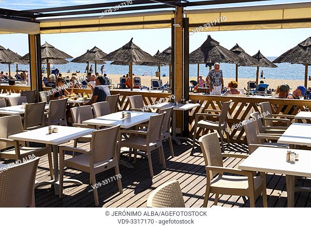 Terrace of a chiringuito bar on the beach of La Cala. Mijas coast. Costa del Sol, Málaga province. Andalusia, Southern Spain. Europe