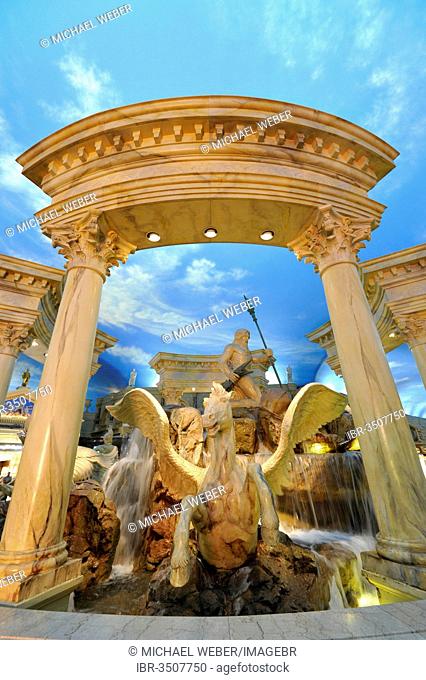 Interior, fountain with Neptune and Pegasus under an artificial sky, Forum Shops, luxury hotel, casino, Caesars Palace