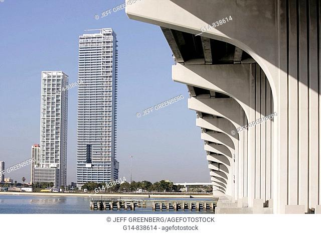 Florida, Miami, Biscayne Bay, Watson Island view, Biscayne Boulevard, high rise, condominium, buildings, waterfront, skyline, real estate, new construction