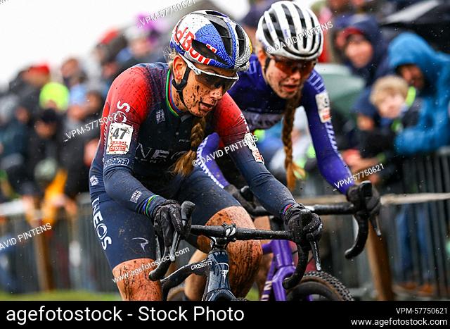 French Pauline Ferrand Prevot and French Line Burquier pictured in action during the women's elite race of the cyclocross cycling event