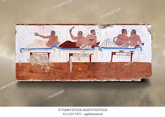 Greek Fresco on the inside of Tomb of the Diver [La Tomba del Truffatore]. This panel is from one of the long sides of the tomb and shows a symposium of men...