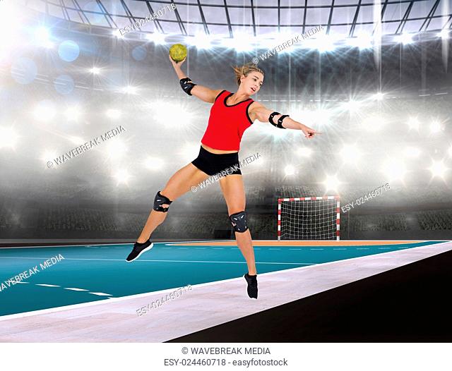 Composite image of female athlete with elbow pad throwing handball