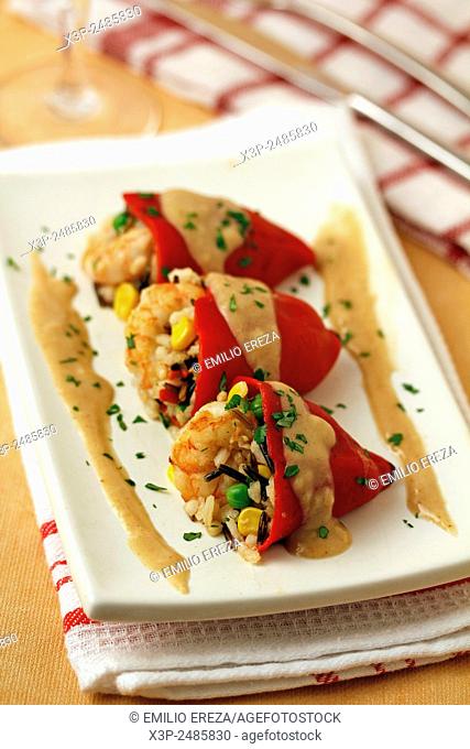 Stuffed ""piquillo"" peppers with wild rice and prawns