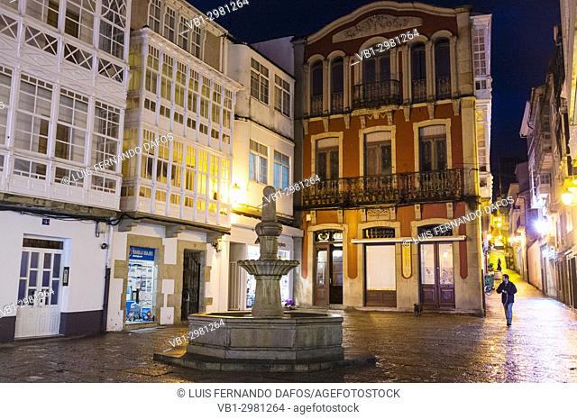 Fonte Nova square at night with traditional Galician architecture. Viveiro, Lugo province, Galicia, Spain, Europe