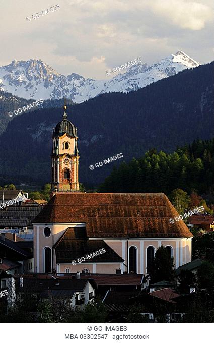 Church with Karwendel mountains, Mittenwald, Upper Bavaria, Germany