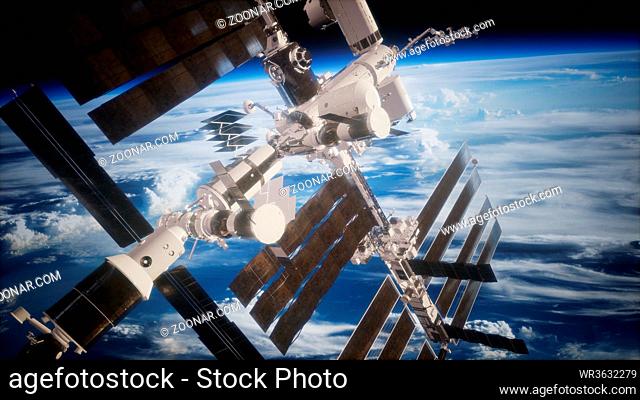 A view of the Earth and a spaceship. International space station is orbiting the Earth
