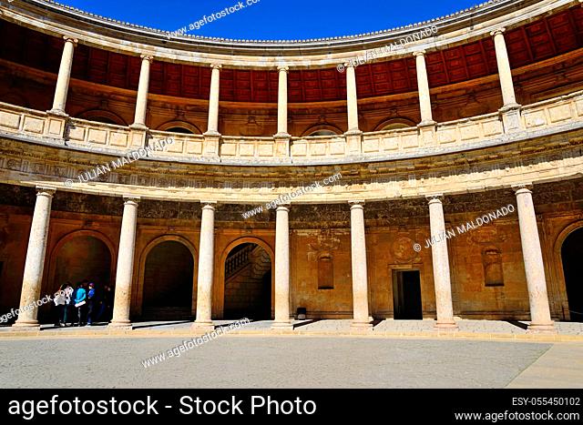 Granada, Spain - February 20, 2020: Inner courtyard of the Palace of Carlos V in the Alhambra in Granada