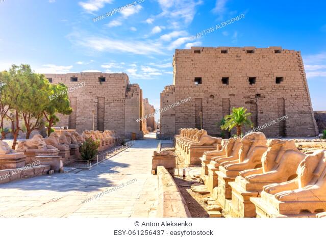 Karnak Temple entrance and the King s Festivities Road or Avenue of Sphinxes, Luxor, Egypt