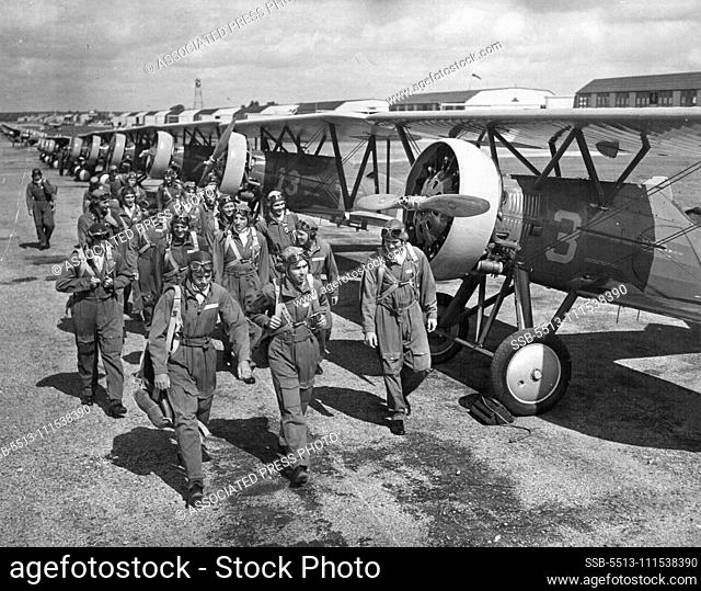 Cadets March Out to Planes: Two Dozen members of the pursuit squadron at the army's flying school at Kelly field march out to their planes for their final...