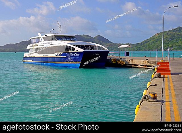 Catamaran ferry of the operator Cat Cocos in the harbour of Praslin Island, Seychelles, Africa