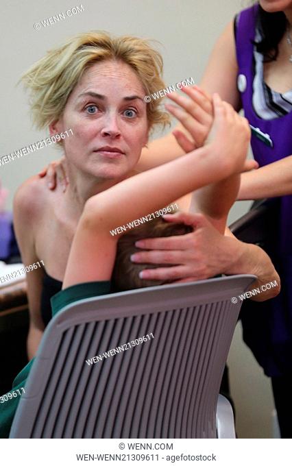 Sharon Stone visits the Beverly Hills Nail Design with her son Quinn Kelly Stone for a manicure and pedicure Featuring: Sharon Stone