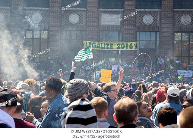 Ann Arbor, Michigan - Marijuana smoke hangs over the crowd at the annual Hash Bash at the University of Michigan, where a lot of marijuana is smoked and...