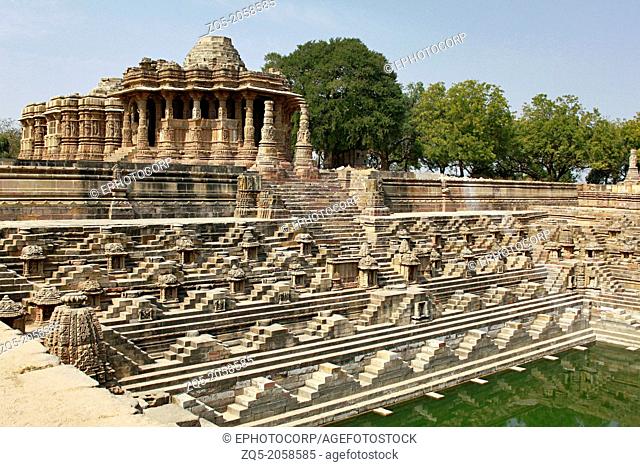 The Sun Temple, Modhera, Gujarat, India. Temple dedicated to the Hindu Sun-God, Surya. It was built in 1026 AD by King Bhimdev of the Solanki dynasty