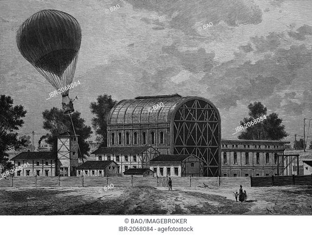 Historical engraving, buildings of the airship department at Tempelhof Field in Berlin, Germany, 1888