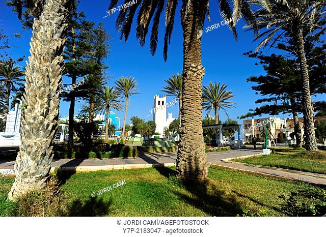 Plaza España and the old colonial church . Sidi Ifni. Morocco .North Africa