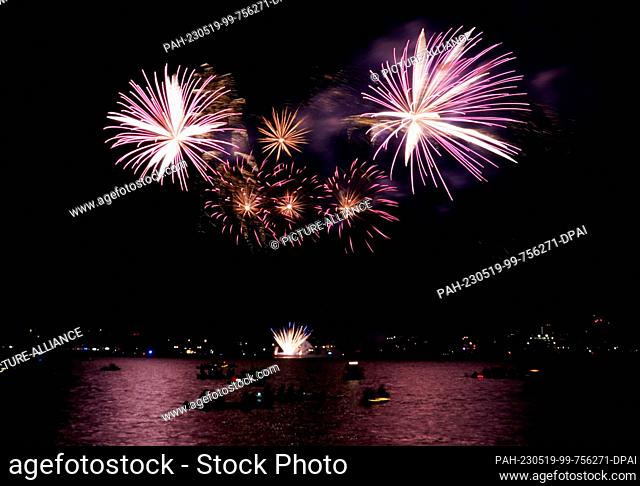 19 May 2023, Hamburg: Fireworks are set off on the occasion of the Japanese Cherry Blossom Festival on the Outer Alster. The Cherry Blossom Festival honors the...
