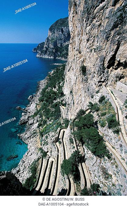 Coastline and Via Krupp seen from Augustus Gardens, Isle of Capri, Campania, Italy