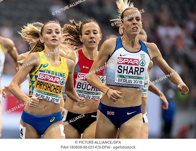 08 August 2018, Germany, Berlin: Athletics, European Championships in the Olympic Stadium: 800m, semi-final, women: (L-R) Nataliya Pryshchepa from Ukraine