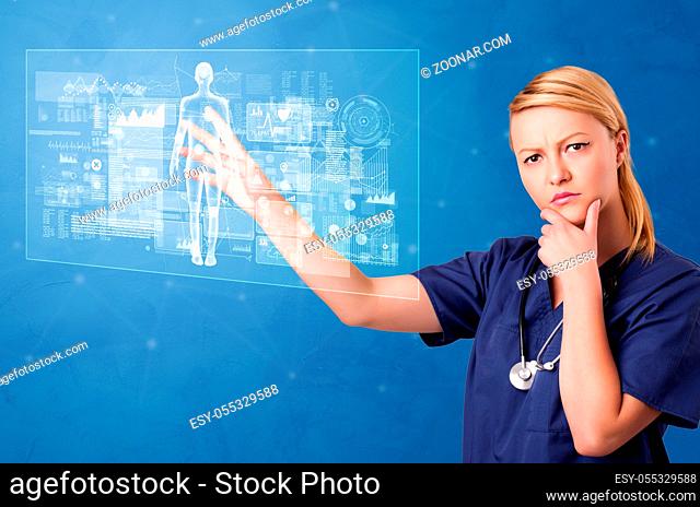 Doctor touching blue screen with full body analyze concept