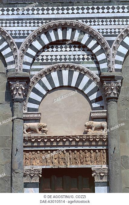 Reliefs, statues and bichrome decorations on the portal, San Bartolomeo in Pantano Church, Pistoia, Tuscany, Italy, 8th-12th century