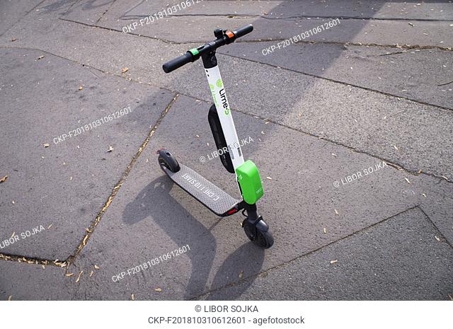 The Lime-S Electric Scooter Sharing at Vystaviste Holesovice terminus, Prague, Czech Republic on October 26, 2018. (CTK Photo/Libor Sojka)