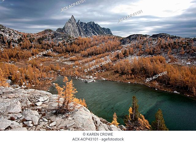Golden Larches, Prusik Peak and Perfection Lake in the Upper Enchantments, Alpine Lakes Wilderness, Washington State, USA