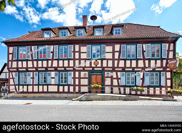 Town hall, half-timbered house, house facade, front door, window, townscape, Hassberge, Untermerzbach, Franconia, Bavaria, Germany, Europe