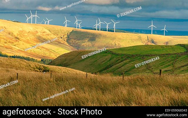 Wind turbines, seen from the A4107 near Blaengarw in Bridgend, Mid Glamorgan, Wales, UK