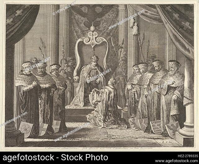 Plate 8: Emperor Maximilian II granting a crown to the coat of arms of Amsterdam, from Cas.., 1638. Creator: Pieter Nolpe