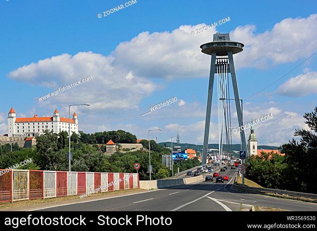 Bratislava, Slovakia - July 10, 2015: Famous SNP Bridge With UFO Restaurant on Top of Pylon in Bratislava, Slovakia
