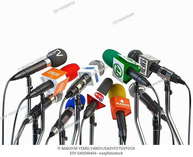 Microphones prepared for press conference or interview isolated on white background. 3d illustration