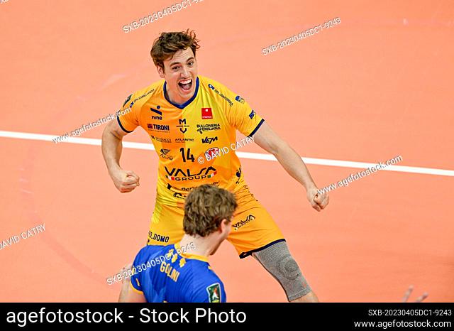 Tomas Rousseaux (14) of Modena pictured celebrating during a Volleyball game between Knack Volley Roeselare and Valsa Group Modena