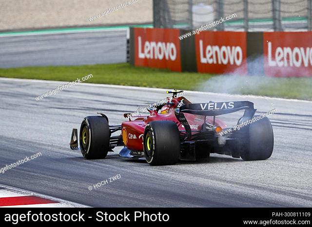 Car of #55 Carlos Sainz (ESP, Scuderia Ferrari) on fire, F1 Grand Prix of Austria at Red Bull Ring on July 10, 2022 in Spielberg, Austria
