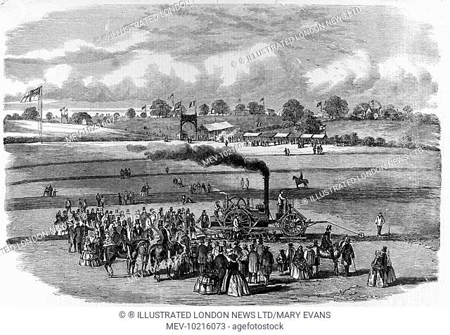 Engraving showing steam ploughing with Boydell's engine near Louth, with a large group of onlookers watching the proceedings