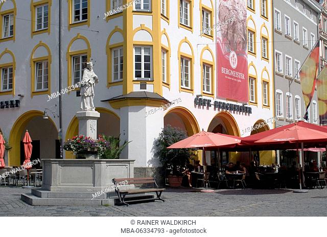 Europe, Germany, Bavaria, Rosenheim, Max-Josef-Platz (square), Nepomuk well, Bergmeisterhaus (historical building)