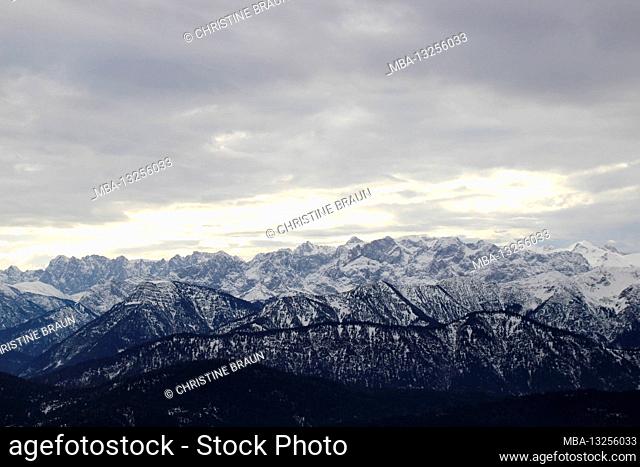 Hike to the Jochberg in winter, view of the snow-covered Karwendel Mountains, Walchensee, Bavarian Alps, Upper Bavaria, Bavaria, Germany