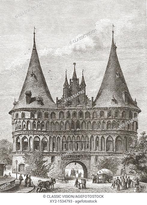 The Holsten Gate, Lubeck, Germany in the 19th century  From Pictures from the German Fatherland published c 1880