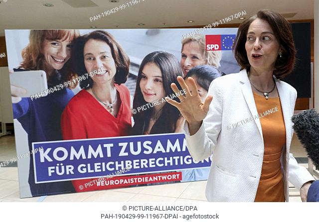 29 April 2019, Berlin: Katarina Barley (SPD), Federal Minister of Justice, answers journalists' questions in front of a poster with her portrait after an SPD...