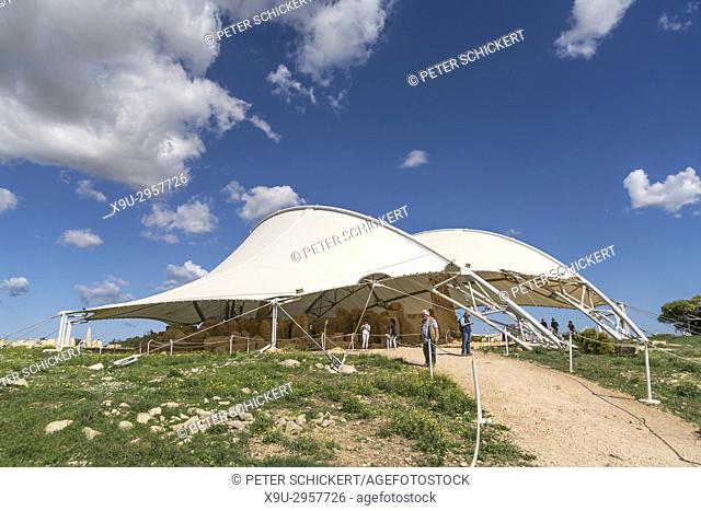 tent shelter over the megalithic temple complex Hagar Qim, Malta