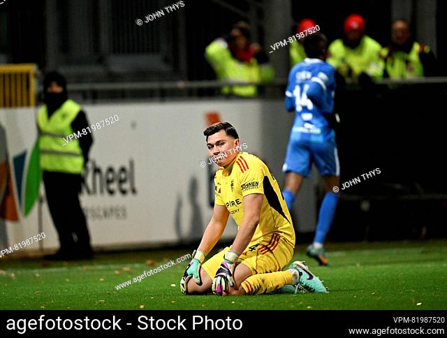 Eupen's goalkeeper Gabriel Slonina reacts during a soccer match between KAS Eupen and KRC Genk, Sunday 10 December 2023 in Eupen