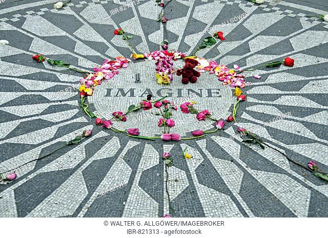 Adorned memorial to John Lennon, Strawberry Fields, Central Park, New York City, USA