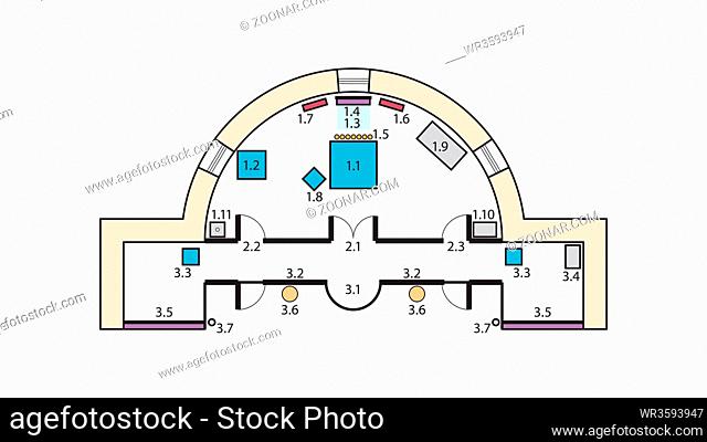 Architectural plan of The Orthodox Church Altar. Medieval Orthodox monastery, construction design